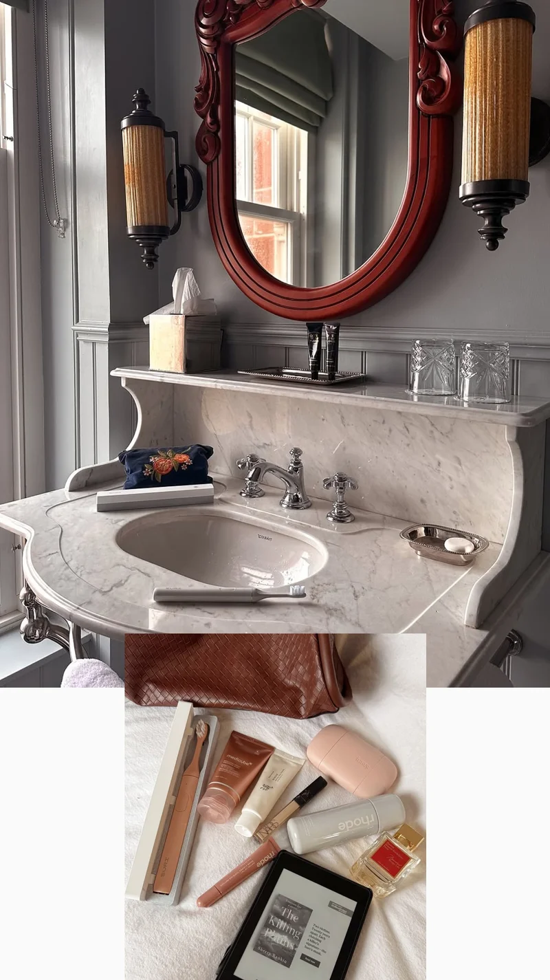 Sculptural marble, deep wood, timeless elegance.