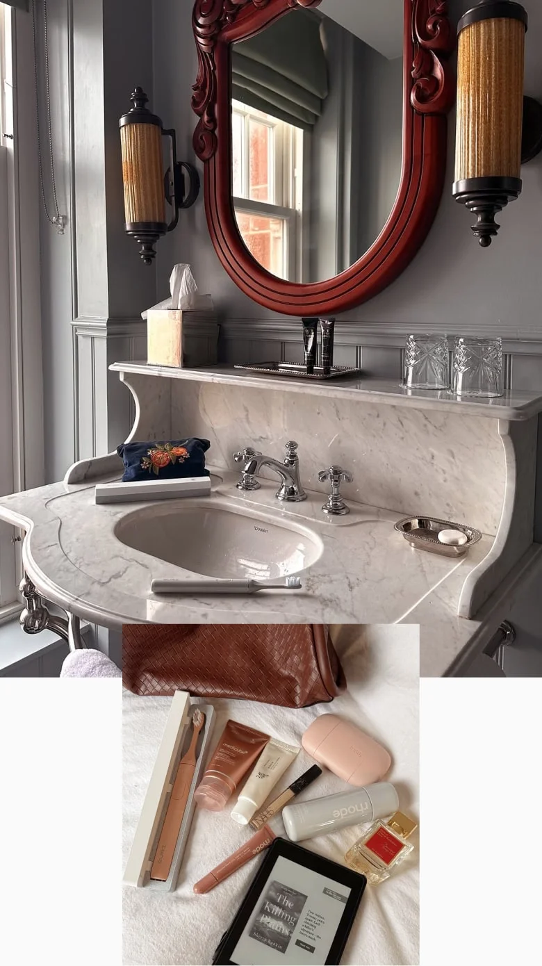 Sculptural marble, deep wood, timeless elegance.