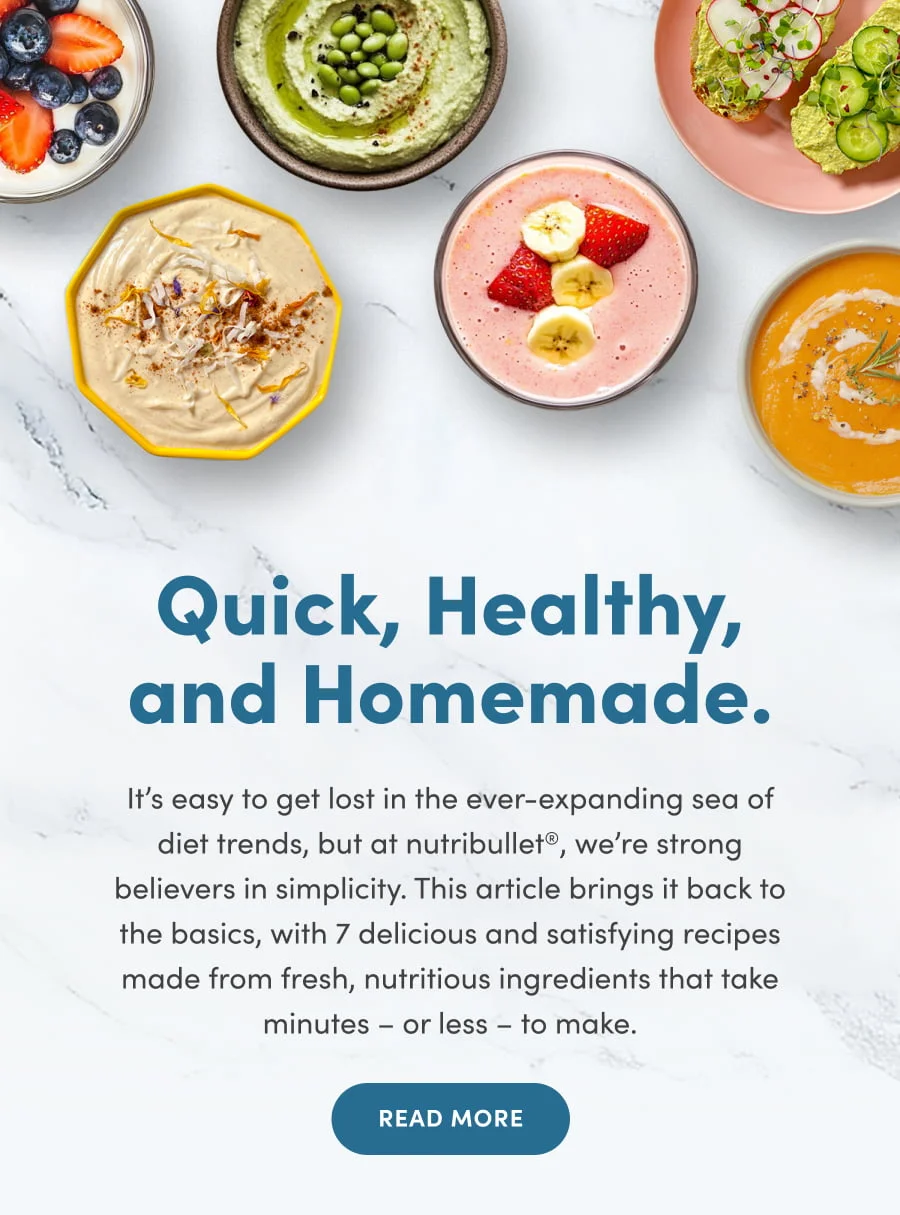 A flat lay of six vibrant and healthy quick meals featuring items like fruits, veggies, seeds, and more.