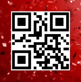 QR code centered on a festive red background with scattered confetti. The image conveys a celebratory and inviting atmosphere.