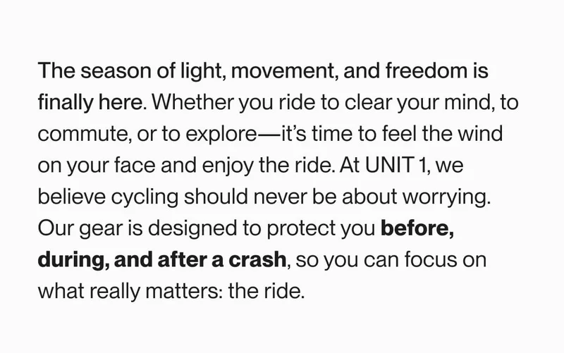 Text block describing the arrival of spring and UNIT 1’s commitment to rider safety.
