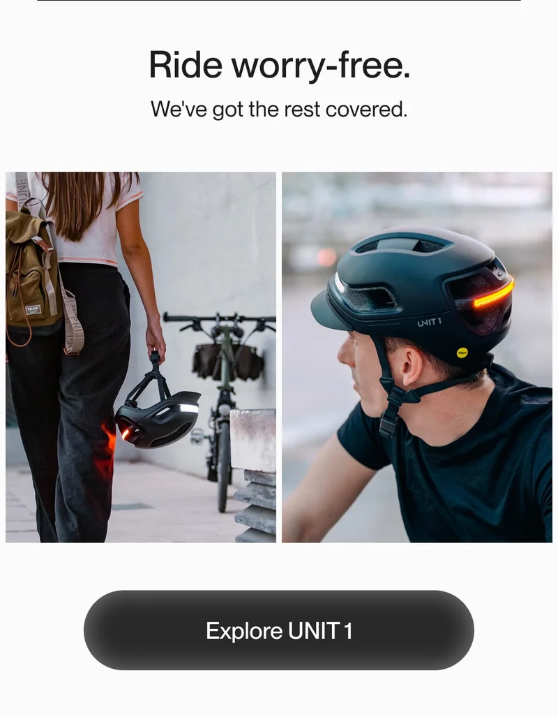 Close-up of a person carrying a UNIT 1 helmet with lights on, and another rider wearing the helmet on a bike.