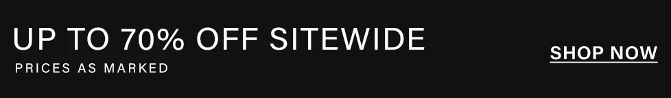 Dark blue sale banner with white text: 'UP TO 70% OFF SITEWIDE! PRICES AS MARKED'. Shop now to get major online discounts.