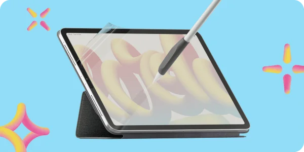Image of an iPad with Paperlike's Screen Protector and Folio Case. Plus, an Apple Pencil with Paperlike's Charcoal Pencil Grips.