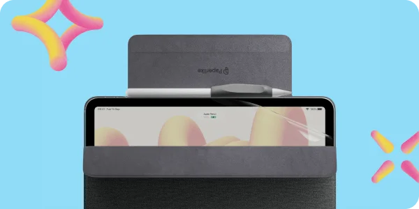 An iPad in an open Folio Case by Paperlike. Inside the flap of the case is the Apple Pencil with Paperlike's Charcoal Pencil Grip.
