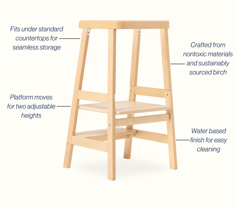 Fits under standard countertops for seamless storage/ Platform moves for two adjustable heights/ Crafted from nontoxic materials and sustainably sourced birch/ Water based finish for easy cleaning