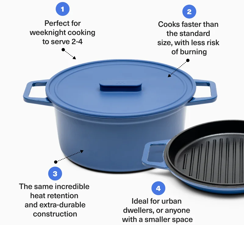 1. Perfect for weeknight cooking to serve 2-4 - 2. Cooks faster than the standard size, with less risk of burning. 3 The same incredible heat retention and extra-durable construction. 4. Ideal for urban dwellers, or anyone with a smaller space. 5. Flip the lid to transform it into a grill pan