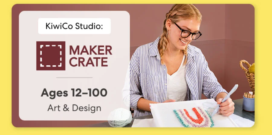 Smiling teen holding a colorful KiwiCo art and design project. Inspires creativity for ages 9–18+