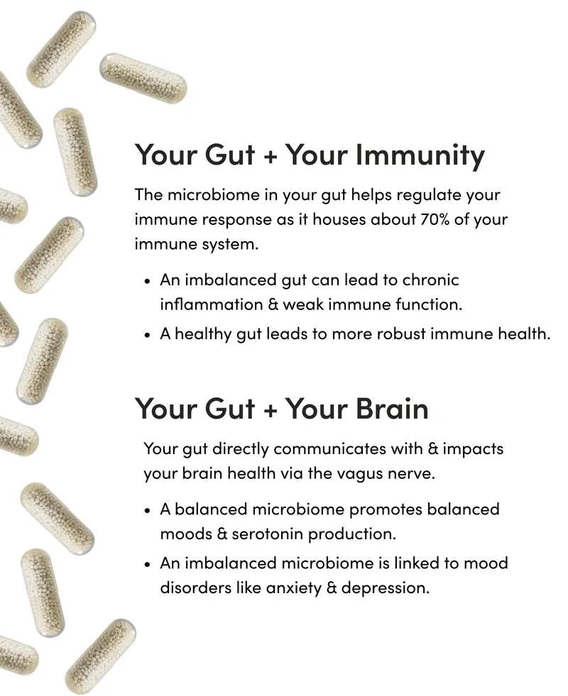 Your Gut + Your Immunity The microbiome in your gut helps regulate your immune response as it houses about 70% of your immune system.   A healthy gut leads to more robust immune health.  An imbalanced gut can lead to chronic inflammation & weak immune function.     MOD 3 Your Gut + Your Brain   Your gut directly communicates with & impacts your brain health via the vagus nerve.      A balanced microbiome promotes balanced moods & serotonin production.  An imbalance microbiome is linked to mood disorders like anxiety & depression.