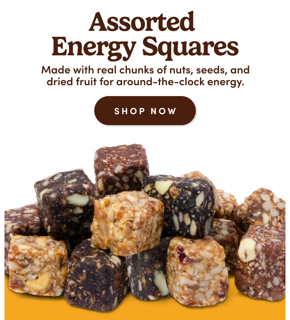 Assorted  Energy Squares. Made with real chunks of nuts, seeds, and dried fruit for around-the-clock energy: Shop now