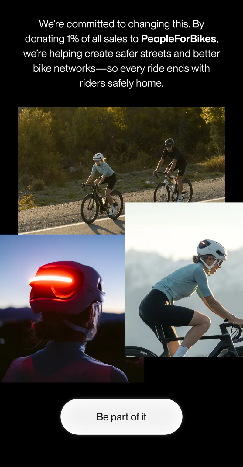 Cyclists on scenic trails wearing UNIT 1 helmets, highlighting the 1% sales donation to People for Bikes.