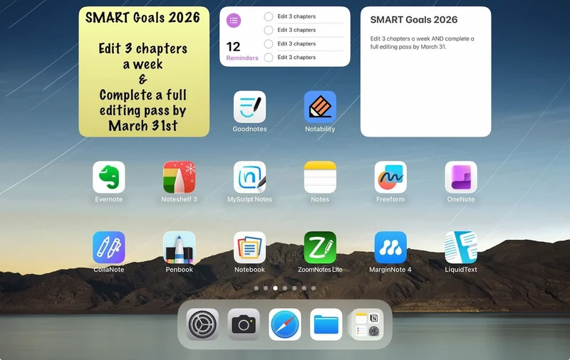 An iPad homescreen with three widgets showcasing SMART Goals and a bunch of notetaking apps.