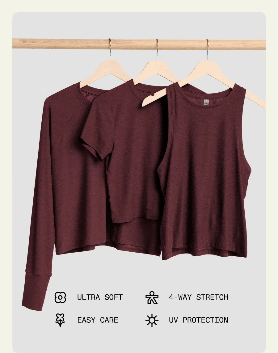 Gif of burgundy featherweight tops.