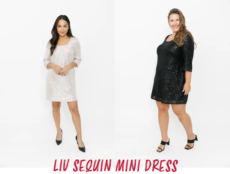 models in white studio wearing silver and black sequin mini dresses
