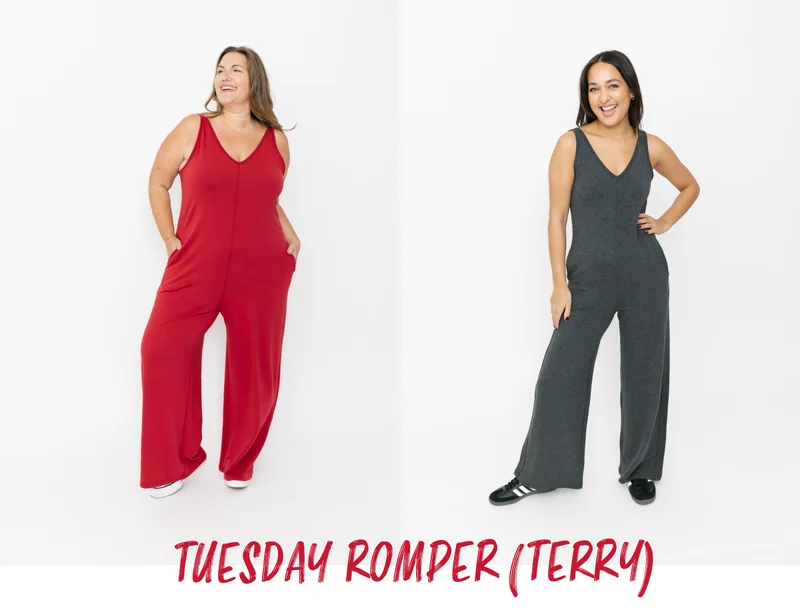 models in white studio wearing red and green rompers