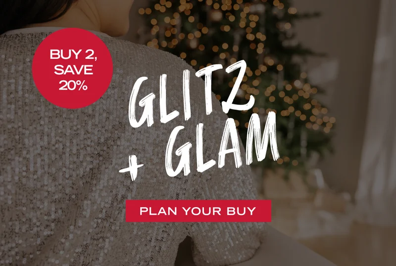 sequin background with text 'glitz and glam' plan your buy