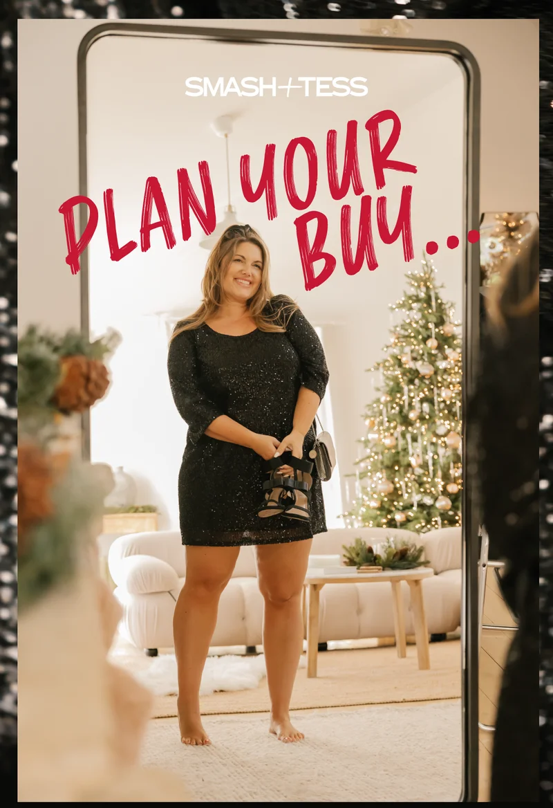 woman looking in mirror wearing black sequin dress with text 'plan your buy'