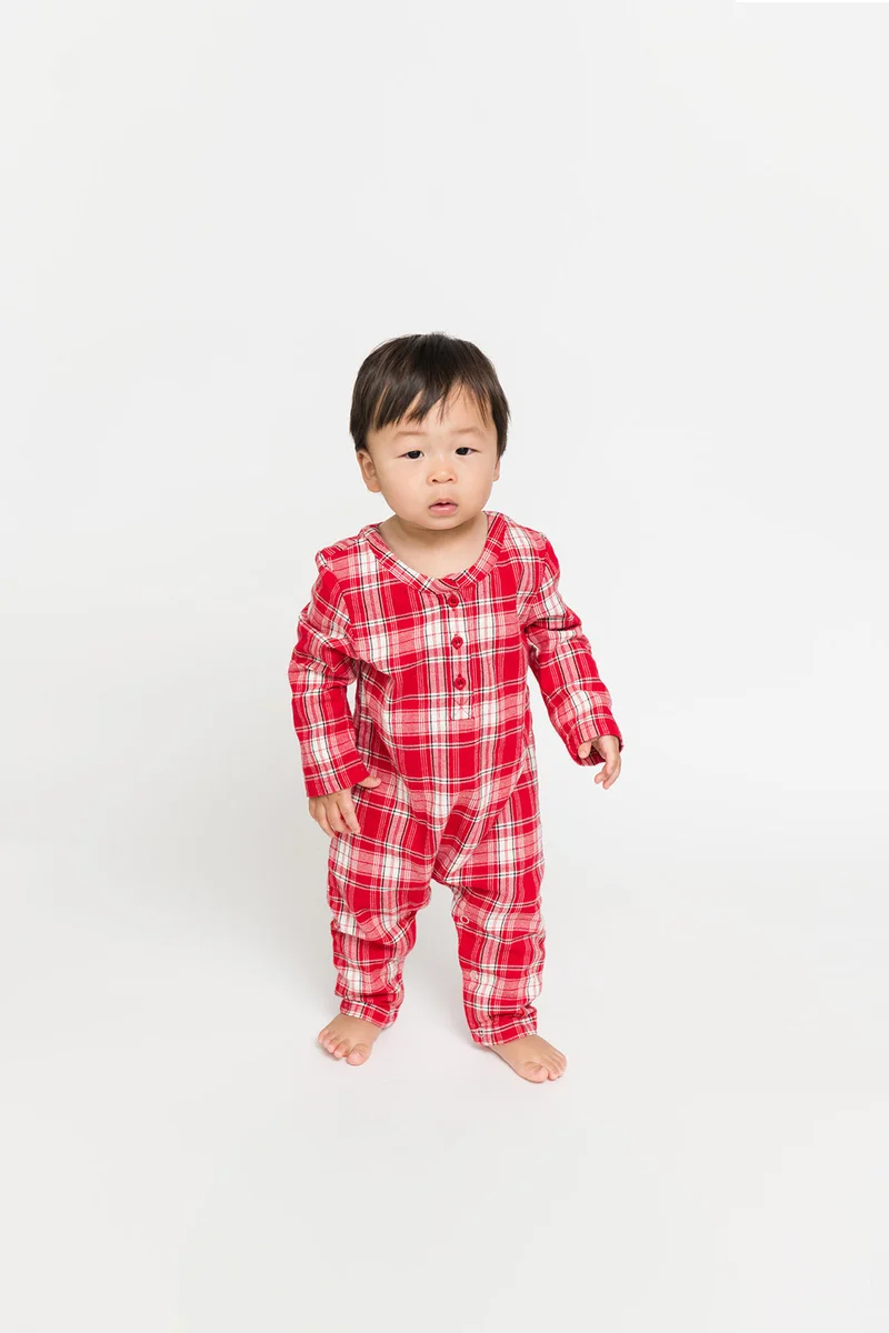 Image of Baby Remy Henley Romper in Red Plaid
