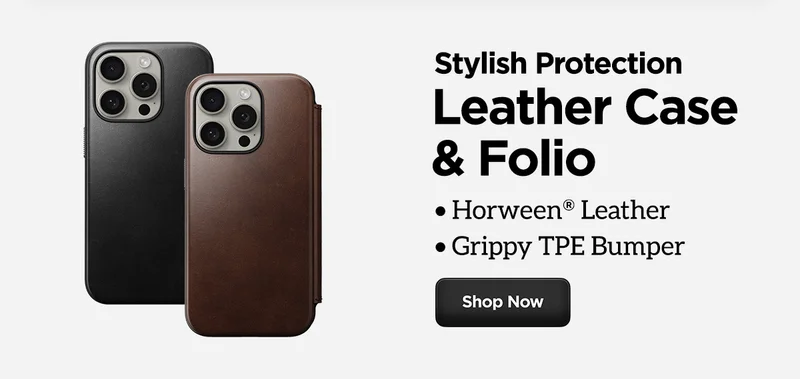 Stylish Protection with Leather Case and Leather Folio for iPhone 15. Horween Leather and Grippy TPE Bumper