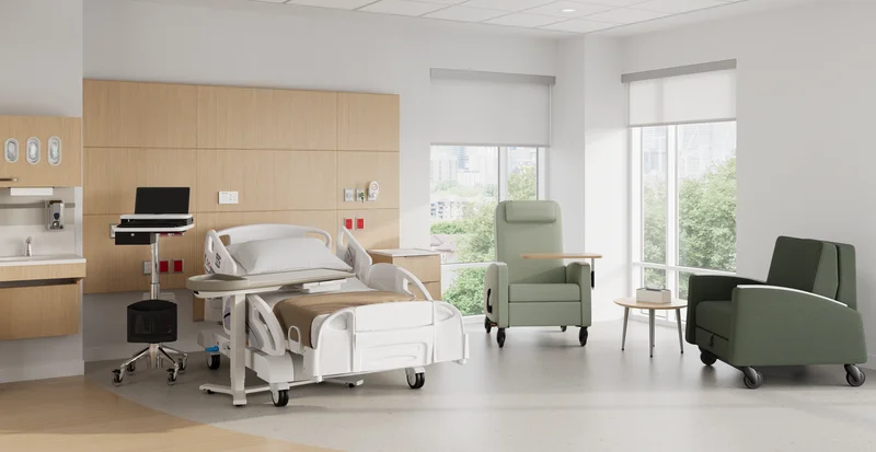 Gemma Recliner,  Gemma Sleep Chair and Mora System in a patient room. Featuring Gemma Recliner with adjustable tray table, and both Gemma products with CBS casters.