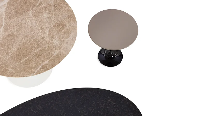 Pedestal tables: Emperador Light Marble, Modern Clay, and Topo Noir Veneer for Saarinen Pedestal Collection