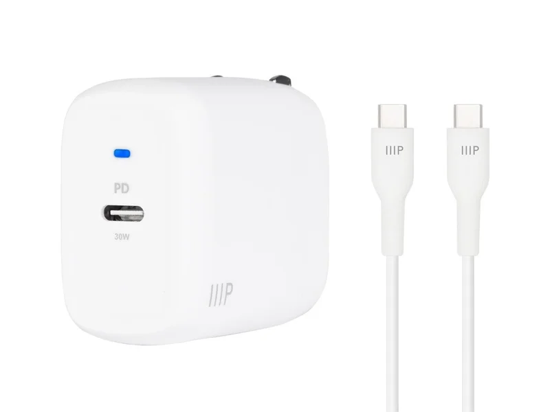 Monoprice iPad Pro Charging Bundle - 30W 1-port PD GaN Technology Foldable Wall Charger and 1.8m (6ft) Fast Charge USB-C Cable