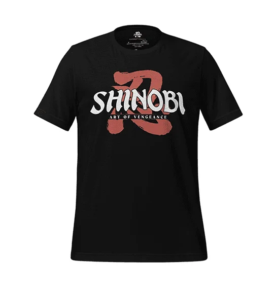 Front view of a short sleeved black t-shirt featuring the text 'Shinobi art of vengeance' and the game logo.