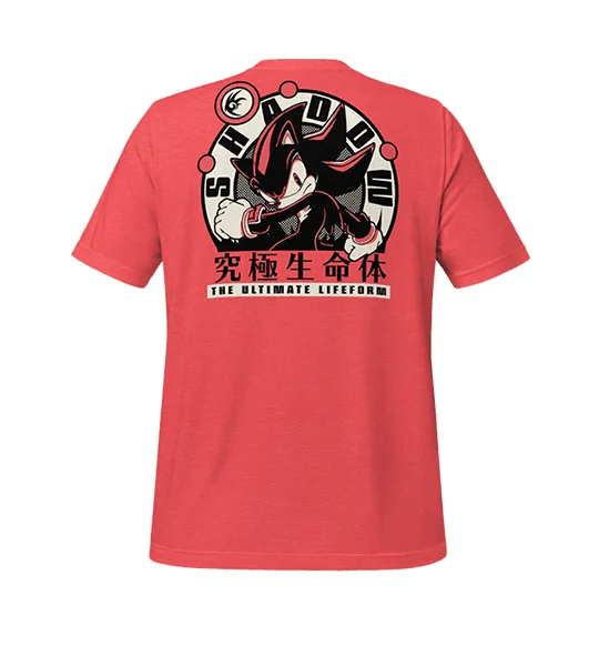 Back view of a red short sleeved t-shirt with a graphic design of Shadow the Hedgehog, featuring Japanese text and the phrase 'The Ultimate Lifeform'