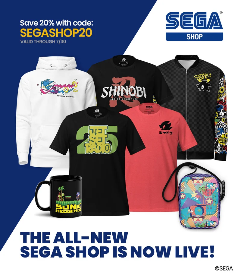 Sonic The Hedgehog-themed merchandise, featuring a hoodie, t-shirts, a bomber jacket, a crossbody bag, and mugs. Save 20% with code: discount code. Valid through 7/30. The all-new SEGAⒸ shop is now live! SHOP NOW - ⒸSEGA