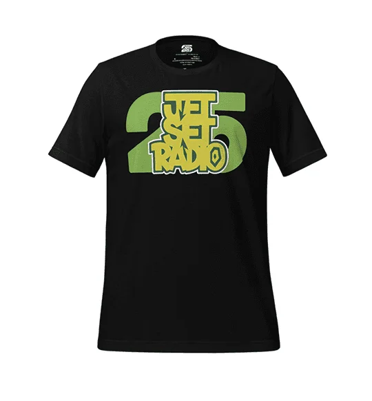 Front view of a black short sleeved t-shirt featuring the text '25' and 'JET SET RADIO' in a stylized font.