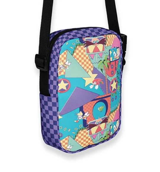 Purple and teal crossbody bag with a graphic print of Sonic the Hedgehog characters and game-inspired imagery.