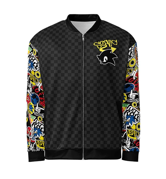 Front view of a bomber jacket, featuring a Sonic the Hedgehog design, colorful stickers on the sleeves, and a black and grey checkered pattern on the body.
