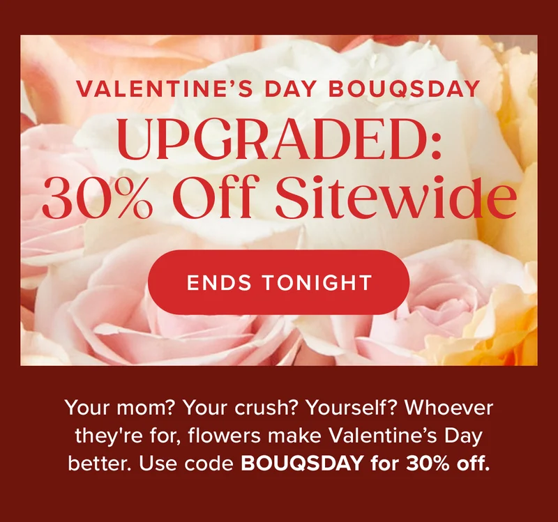 Valentine's Day Bouqsday Upgraded to 30% Off Sitewide!  Your mom? Your crush? Yourself? Whoever they're for, flowers make Valentine's Day better. Use code BOUQSDAY for 30% Off. Ends Tonight!