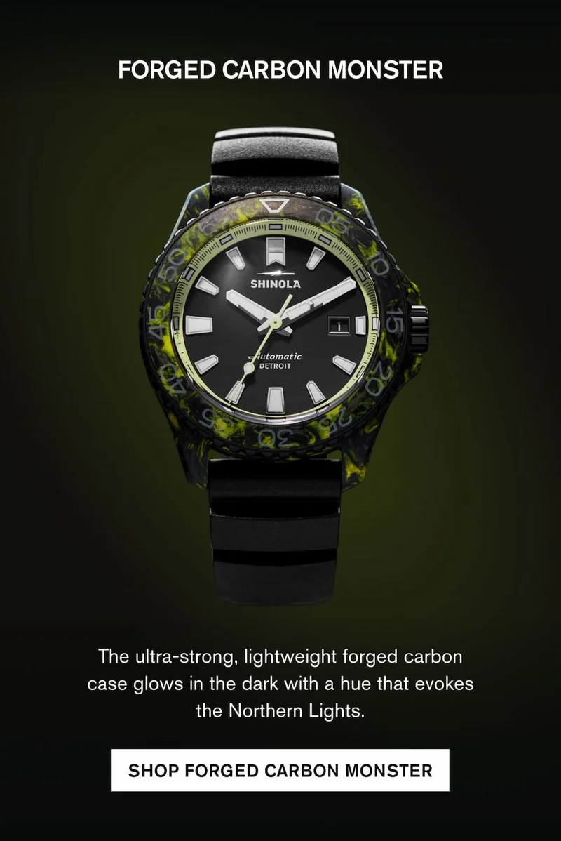 FORGED CARBON MONSTER The ultra-strong, lightweight forged carbon case glows in the dark with a hue that evokes the Northern Lights.  SHOP FORGED CARBON MONSTER