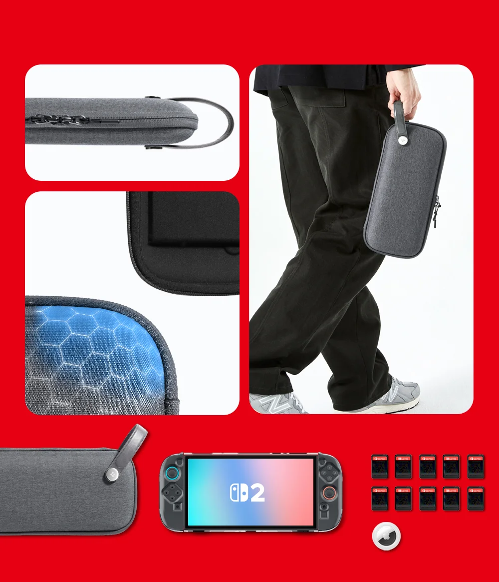 Soft-lined inside and protective shell outside, organized pockets for 10 game cards and AirTag slot, slim and always handy with wrist strap