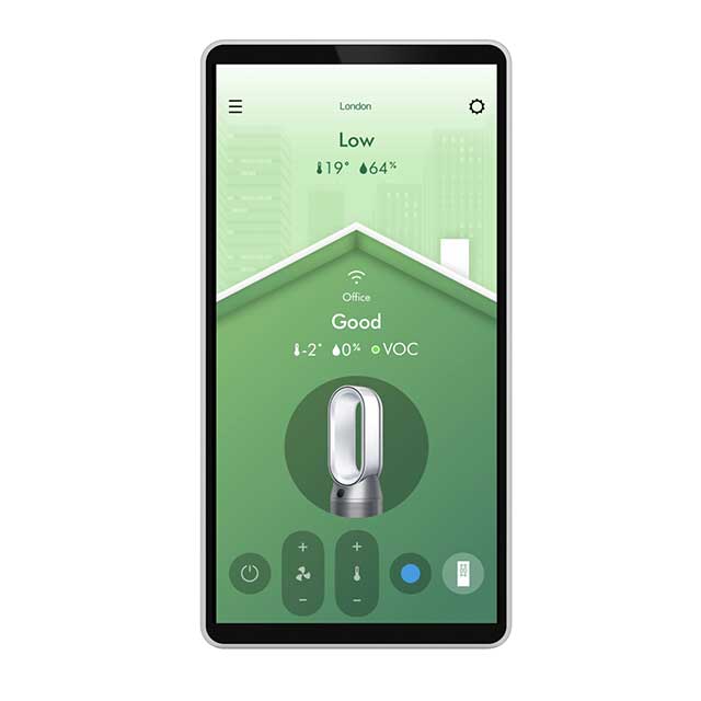 A smartphone showing the indoor air quality monitoring screen available with the MyDyson app.