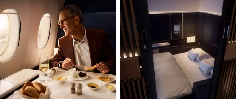 Left: A traveler enjoying a luxurious dinner. Right: The comfortable bed in the first class Suites.