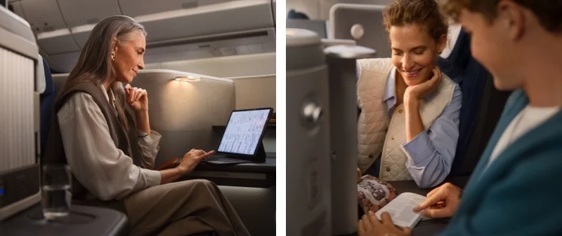 Left: A Business traveler working on her Laptop. Right: A family reading a book together.