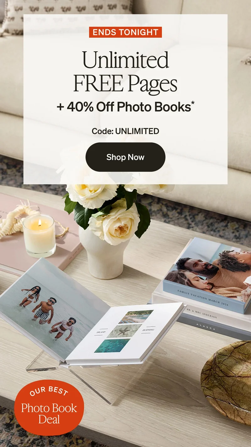 Unlimited Free Pages + 40% Off Photo Books