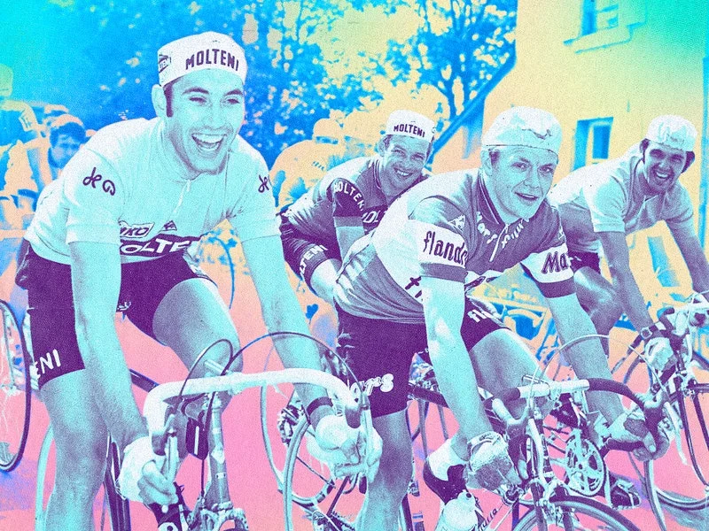 Image may contain: Eddy Merckx, Ademir de Menezes, People, Person, Clothing, Glove, Adult, Bicycle, Cycling, and Sport