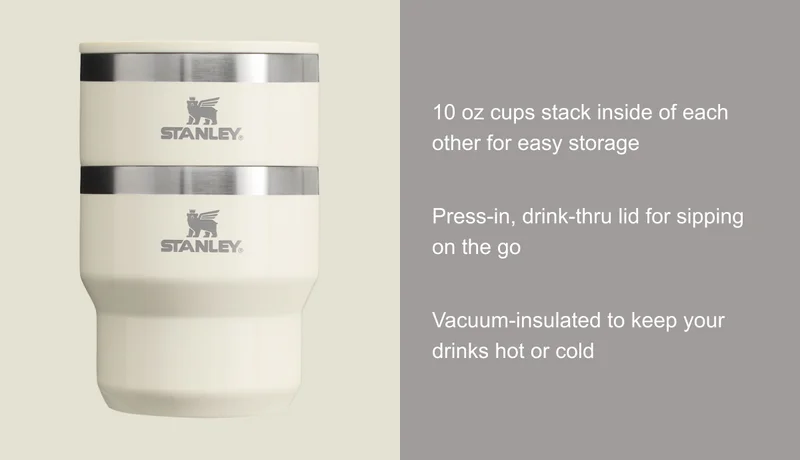 Cup stack inside each other for easy storage, come with press-in lid for sipping on the go, and vacuum-insulated to keep your drinks hot or cold.