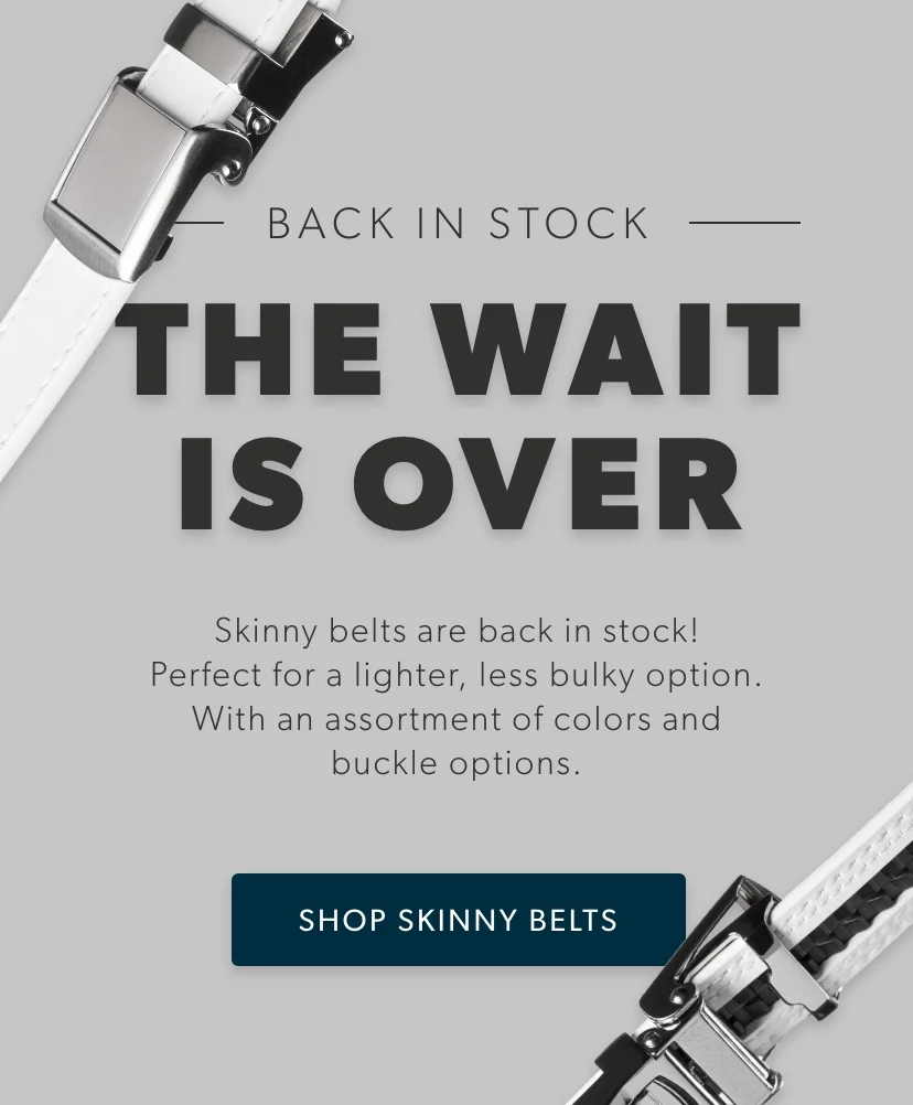 Skinny belts are back in stock in an assortment of colors and buckle options.