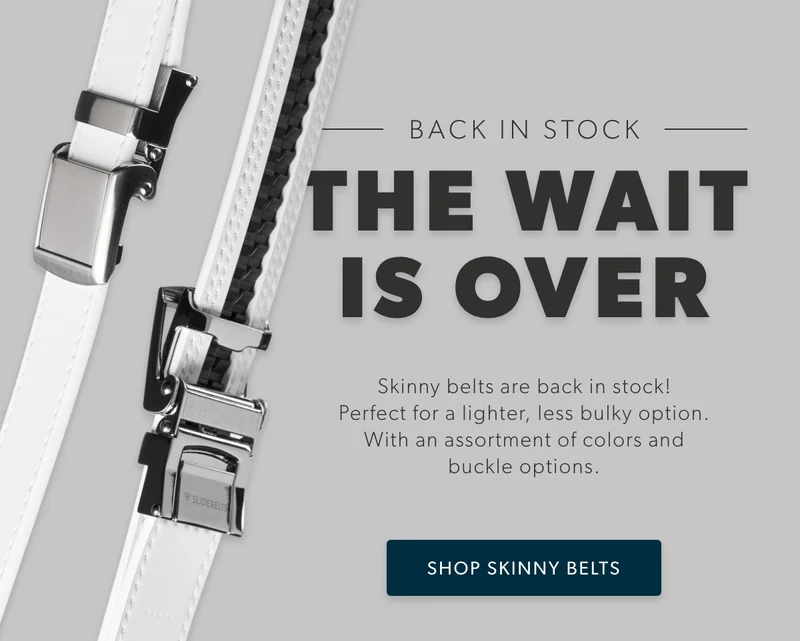 Skinny belts are back in stock in an assortment of colors and buckle options.