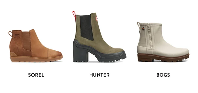A brown bootie, green Chelsea boot and white boot.