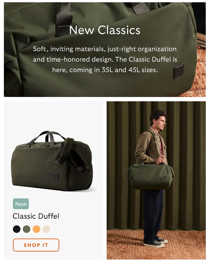 Soft, inviting materials, just-right organisation and time-honored design. The Classic Duffel is here, coming in 35L and 45L sizes - NEW CLASSICS
