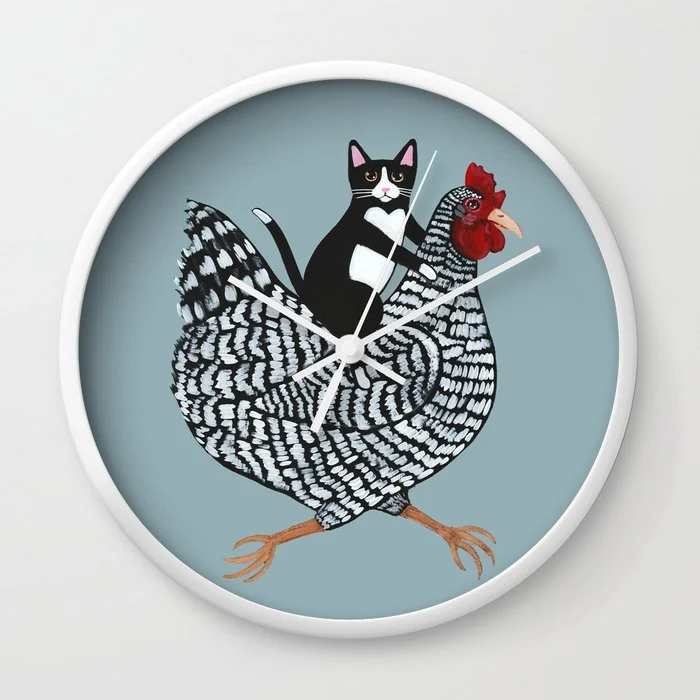 Tuxedo Cat Riding a Chicken Wall Clock Wall Clock