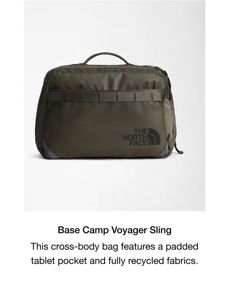 Base Camp Voyager Sling This cross-body bag features a padded tablet pocket and fully recycled fabrics.