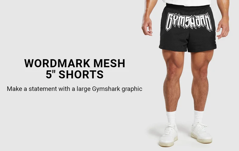 Wordmark Mesh 5'' Shorts - black. Make a statement with a large Gymshark graphic.