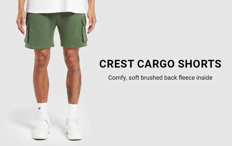 Crest Cargo Shorts - core olive. Comfy, soft brushed back fleece inside.