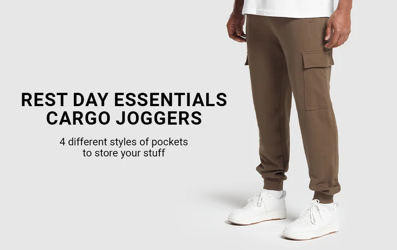 Rest Day Essentials Cargo Joggers - penny brown. 4 different styles of pockets to store your stuff.